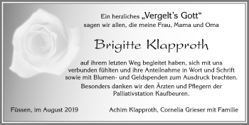 Traueranzeige von Brigitte Klapproth von Allgäuer Zeitung, Füssen