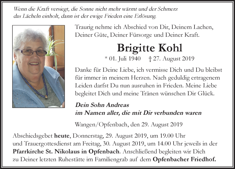  Traueranzeige für Brigitte Kohl vom 29.08.2019 aus Der Westallgäuer