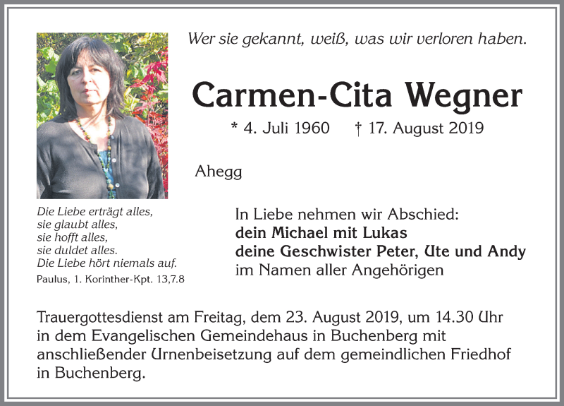  Traueranzeige für Carmen-Cita Wegner vom 21.08.2019 aus Allgäuer Zeitung,Kempten