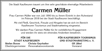 Traueranzeige von Carmen Müller von Allgäuer Zeitung, Kaufbeuren/Buchloe