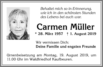 Traueranzeige von Carmen Müller von Allgäuer Zeitung, Kaufbeuren/Buchloe