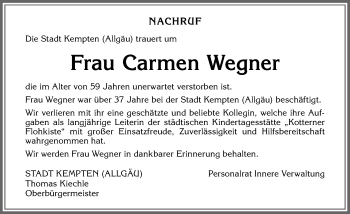 Traueranzeige von Carmen Wegner von Allgäuer Zeitung,Kempten