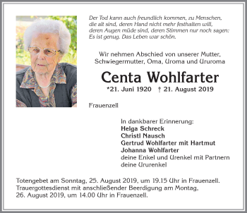 Traueranzeige von Centa Wohlfarter von Allgäuer Zeitung,Kempten
