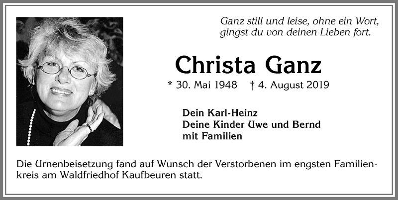 Traueranzeige für Christa Ganz vom 21.08.2019 aus Allgäuer Zeitung, Kaufbeuren/Buchloe