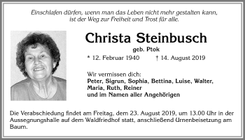 Traueranzeige von Christa Steinbusch von Allgäuer Zeitung, Kaufbeuren/Buchloe