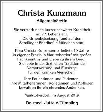 Traueranzeige von Christa Kunzmann Kunzmann von Allgäuer Zeitung, Marktoberdorf