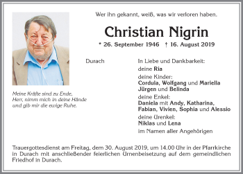 Traueranzeige von Christian Nigrin von Allgäuer Zeitung,Kempten