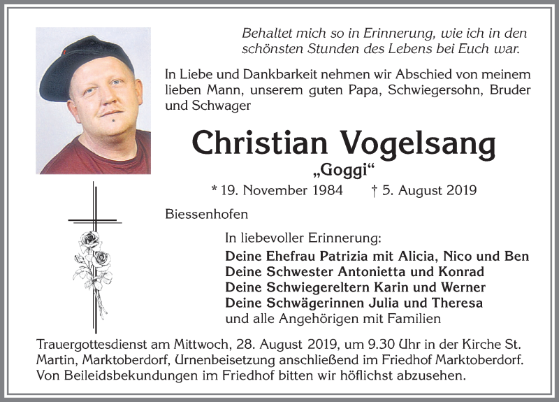  Traueranzeige für Christian Vogelsang vom 24.08.2019 aus Allgäuer Zeitung, Marktoberdorf