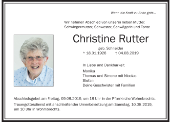Traueranzeige von Christine Rutter von Der Westallgäuer