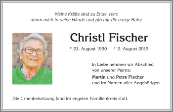 Traueranzeige von Christl Fischer von Allgäuer Zeitung, Marktoberdorf