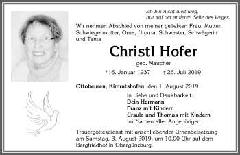 Traueranzeige von Christl Hofer von Allgäuer Zeitung, Marktoberdorf