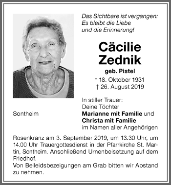 Traueranzeige von Cäcilie Zednik von Memminger Zeitung