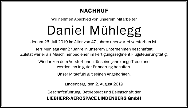  Traueranzeige für Daniel Mühlegg vom 02.08.2019 aus Der Westallgäuer