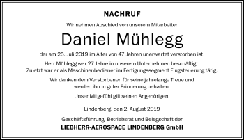 Traueranzeige von Daniel Mühlegg von Der Westallgäuer