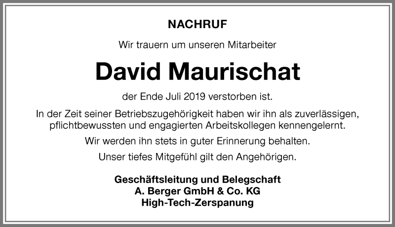 Traueranzeige für David Maurischat vom 03.08.2019 aus Memminger Zeitung