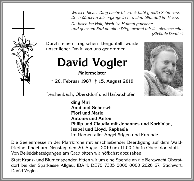  Traueranzeige für David Vogler vom 19.08.2019 aus Allgäuer Zeitung
