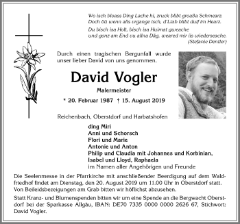 Traueranzeige von David Vogler von Allgäuer Zeitung