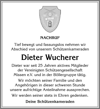 Traueranzeige von Dieter Wucherer von Allgäuer Anzeigeblatt