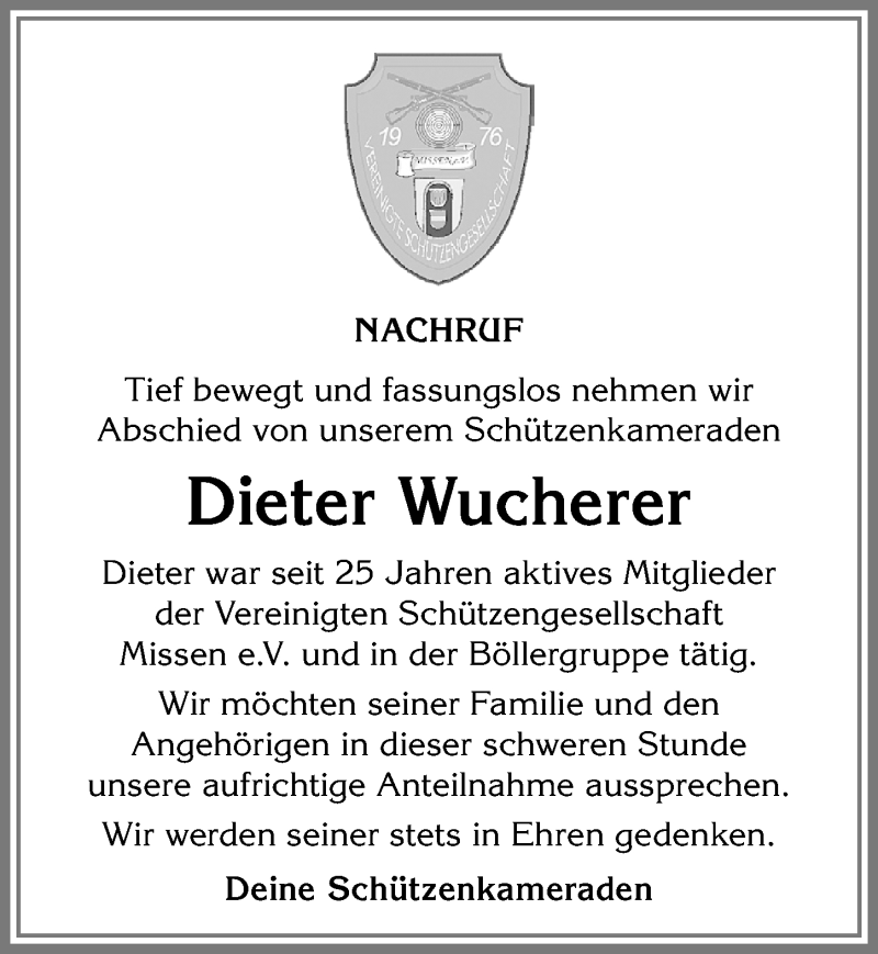  Traueranzeige für Dieter Wucherer vom 10.08.2019 aus Allgäuer Anzeigeblatt