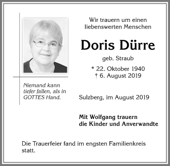 Traueranzeige von Doris Dürre von Allgäuer Zeitung,Kempten