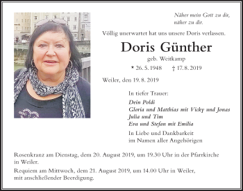 Traueranzeige von Doris Günther von Der Westallgäuer