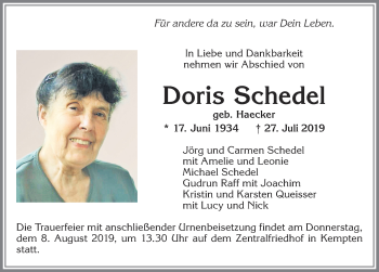 Traueranzeige von Doris Schedel von Allgäuer Zeitung