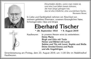 Traueranzeige von Eberhard Tischer von Allgäuer Zeitung, Kaufbeuren/Buchloe
