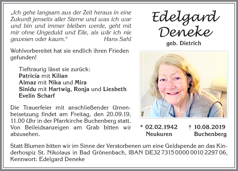 Traueranzeige für Edelgard Deneke vom 24.08.2019 aus Allgäuer Zeitung,Kempten