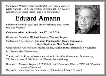 Traueranzeige von Eduard Amann von Allgäuer Anzeigeblatt