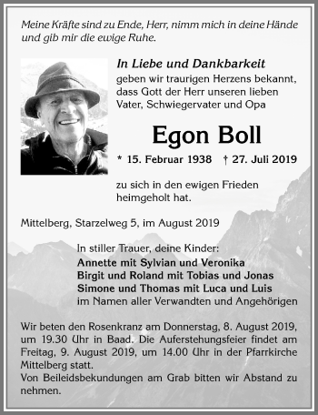 Traueranzeige von Egon Boll von Allgäuer Anzeigeblatt