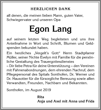 Traueranzeige von Egon Lang von Allgäuer Anzeigeblatt