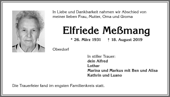 Traueranzeige von Elfriede Meßmang von Allgäuer Zeitung,Kempten