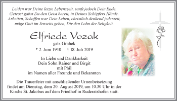 Traueranzeige von Elfriede Vozak von Allgäuer Zeitung, Marktoberdorf