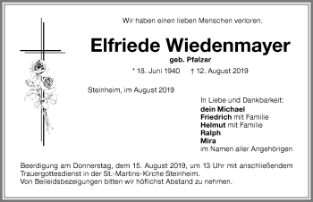 Traueranzeige von Elfriede Wiedenmayer von Memminger Zeitung