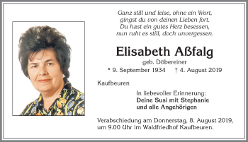 Traueranzeige von Elisabeth Aßfalg von Allgäuer Zeitung, Kaufbeuren/Buchloe