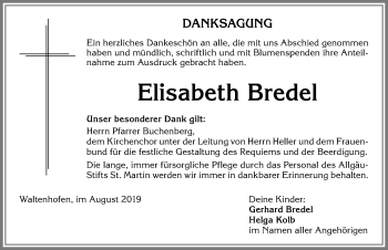 Traueranzeige von Elisabeth Bredel von Allgäuer Zeitung,Kempten