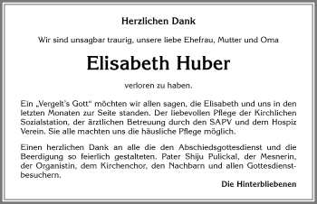 Traueranzeige von Elisabeth Huber von Allgäuer Zeitung, Marktoberdorf