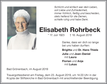 Traueranzeige von Elisabeth Rohrbeck von Memminger Zeitung