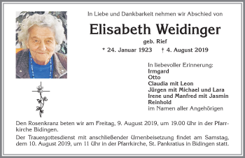 Traueranzeige von Elisabeth Weidinger von Allgäuer Zeitung, Marktoberdorf