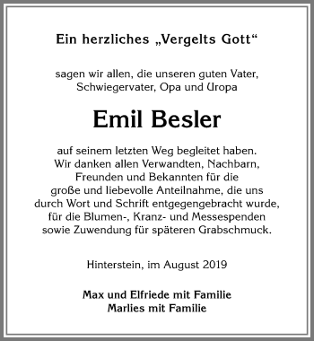 Traueranzeige von Emil Besler von Allgäuer Anzeigeblatt