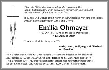 Traueranzeige von Emilia Ohmayer von Allgäuer Anzeigeblatt