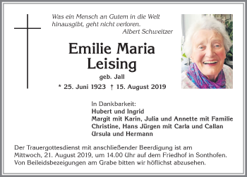 Traueranzeige von Emilie Maria Leising von Allgäuer Anzeigeblatt
