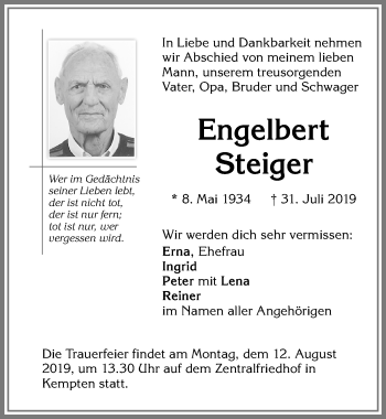Traueranzeige von Engelbert Steiger von Allgäuer Zeitung,Kempten