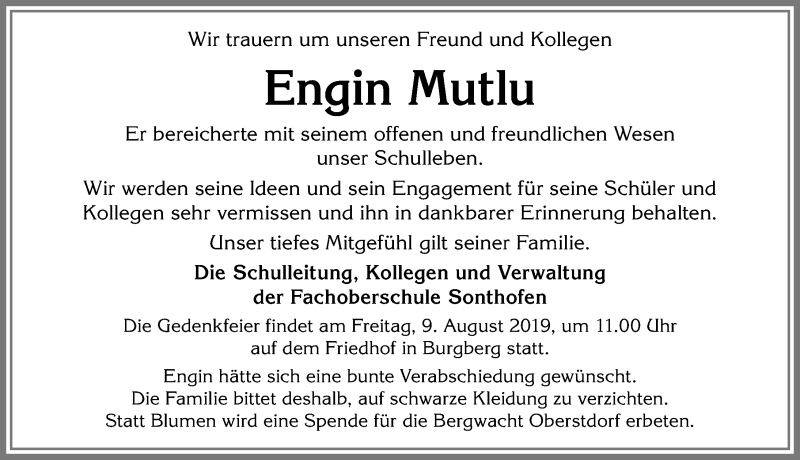  Traueranzeige für Engin Mutlu vom 03.08.2019 aus Allgäuer Anzeigeblatt