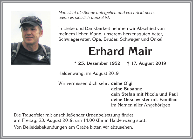  Traueranzeige für Erhard Mair vom 21.08.2019 aus Allgäuer Zeitung,Kempten