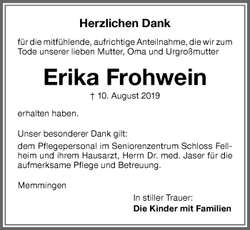 Traueranzeige von Erika Frohwein von Memminger Zeitung