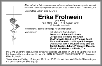 Traueranzeige von Erika Frohwein von Memminger Zeitung