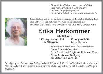 Traueranzeige von Erika Herkommer von Allgäuer Zeitung, Kaufbeuren/Buchloe
