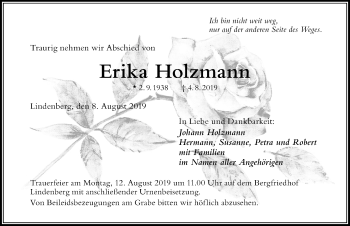 Traueranzeige von Erika Holzmann von Der Westallgäuer