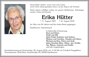 Traueranzeige von Erika Hütter von Allgäuer Zeitung, Kaufbeuren/Buchloe